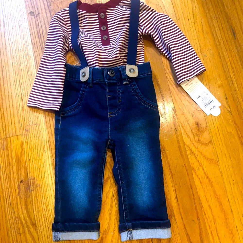 NWT cat & jack red striped shirt and jeans with suspenders. Size 3-6 months baby